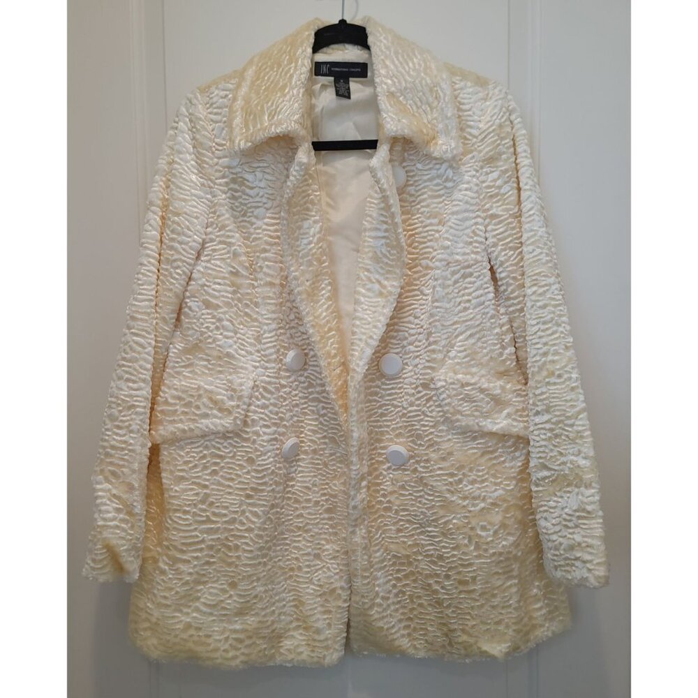INC International Concepts Pearlescent Ivory Teddy Double Breasted Coat Sz M - Picture 3 of 6